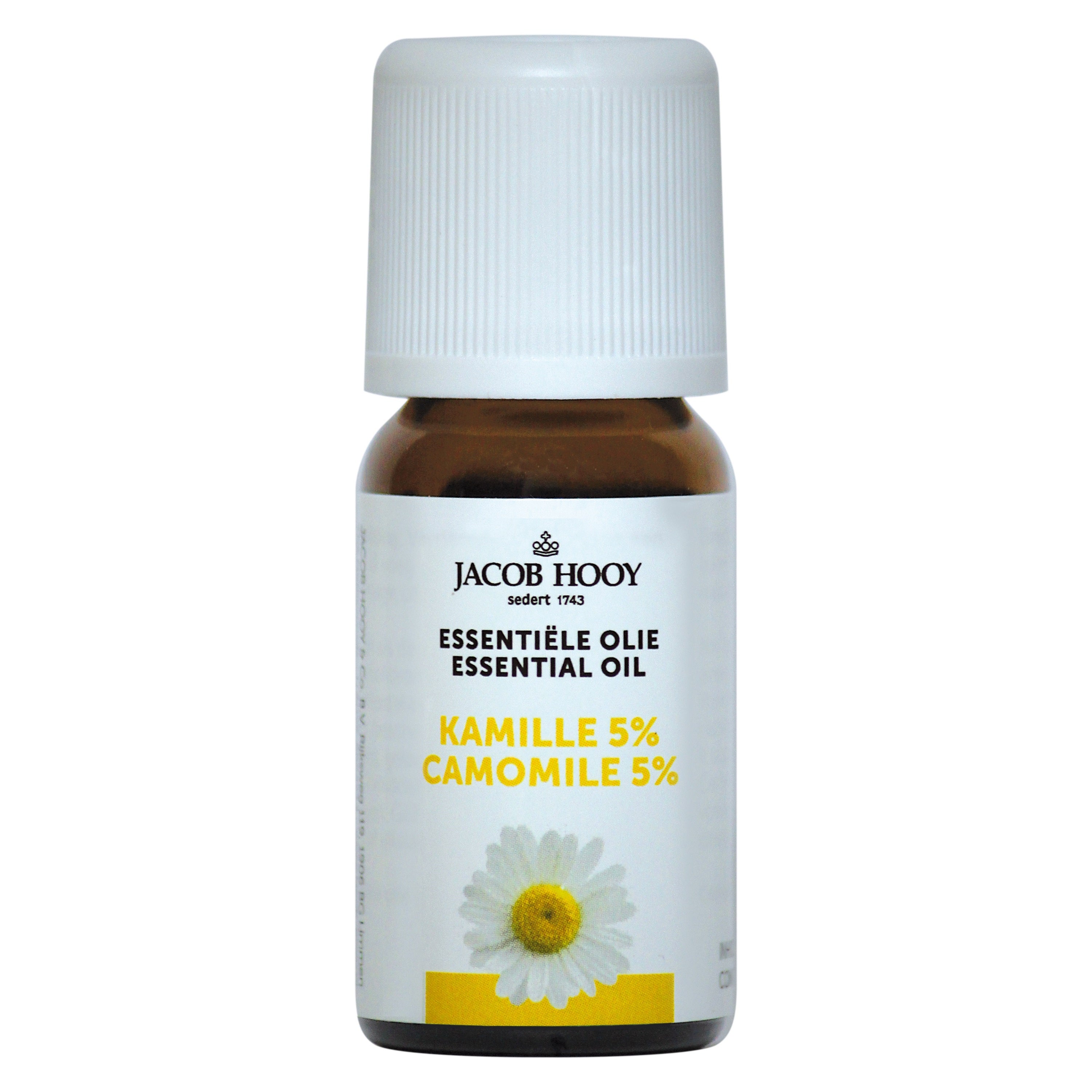 Jacob Hooy Kamille olie 5% in 10ml bottle, natural essential oil with calming chamomile aroma, for aromatherapy and relaxation.