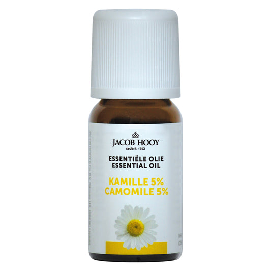Jacob Hooy Kamille olie 5% in 10ml bottle, natural essential oil with calming chamomile aroma, for aromatherapy and relaxation.