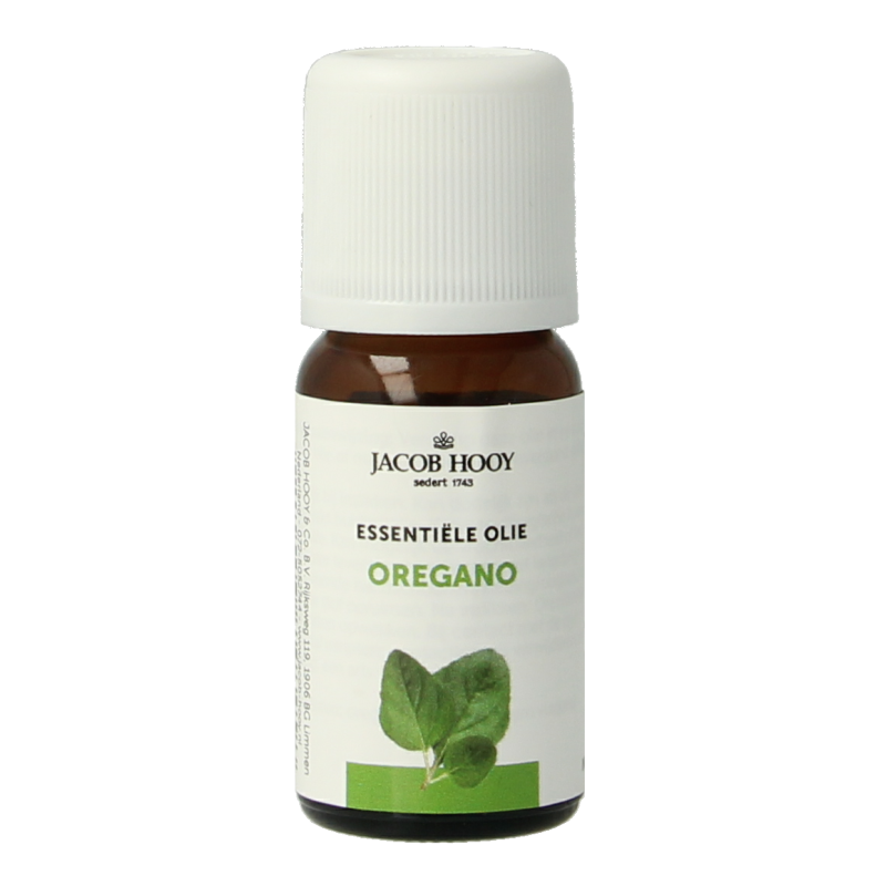 Jacob Hooy oregano oil 10ml bottle, natural essential oil from Jacob Hooy, with dark glass container and herbal label visible.