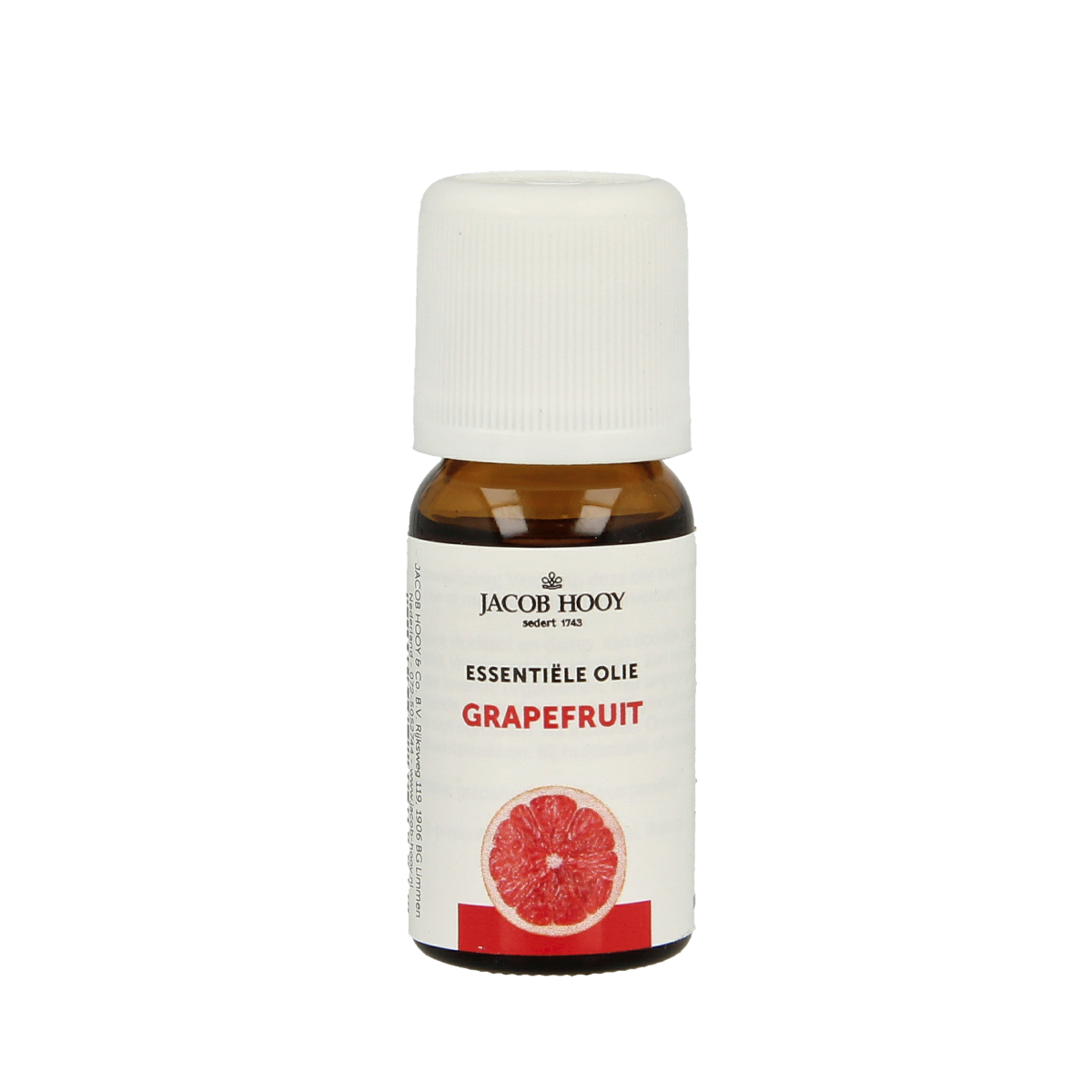 Jacob Hooy grapefruit essential oil in a 10ml bottle, showing clear label and amber glass container for aromatic use.