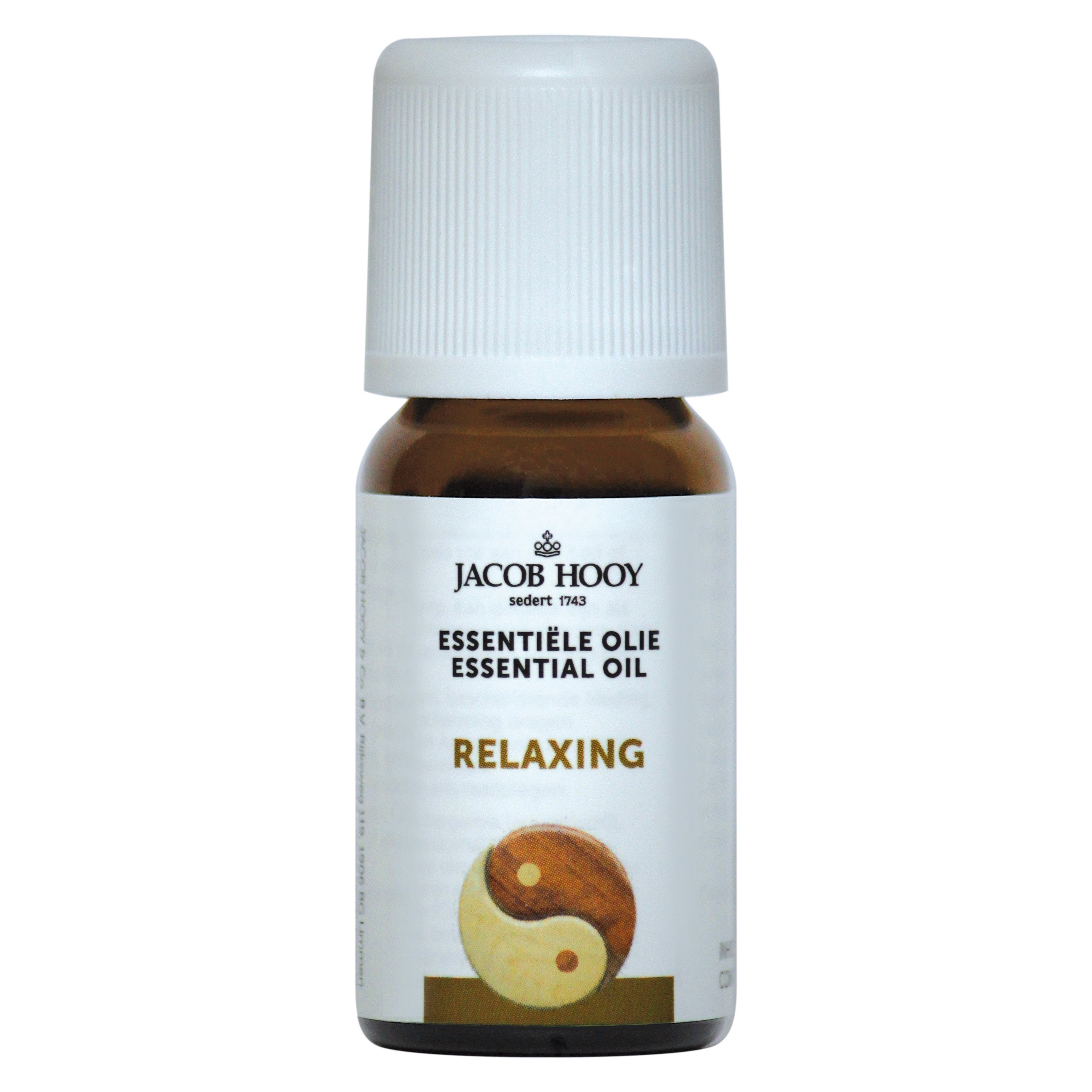 Jacob Hooy Relaxing essential oil in a 10ml bottle, natural etherische oliën with soothing properties, shown in the image.