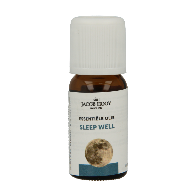 Jacob Hooy Sleep Well essential oil bottle with a white label and orange cap, 10 milliliters of aromatic sleep aid oil.