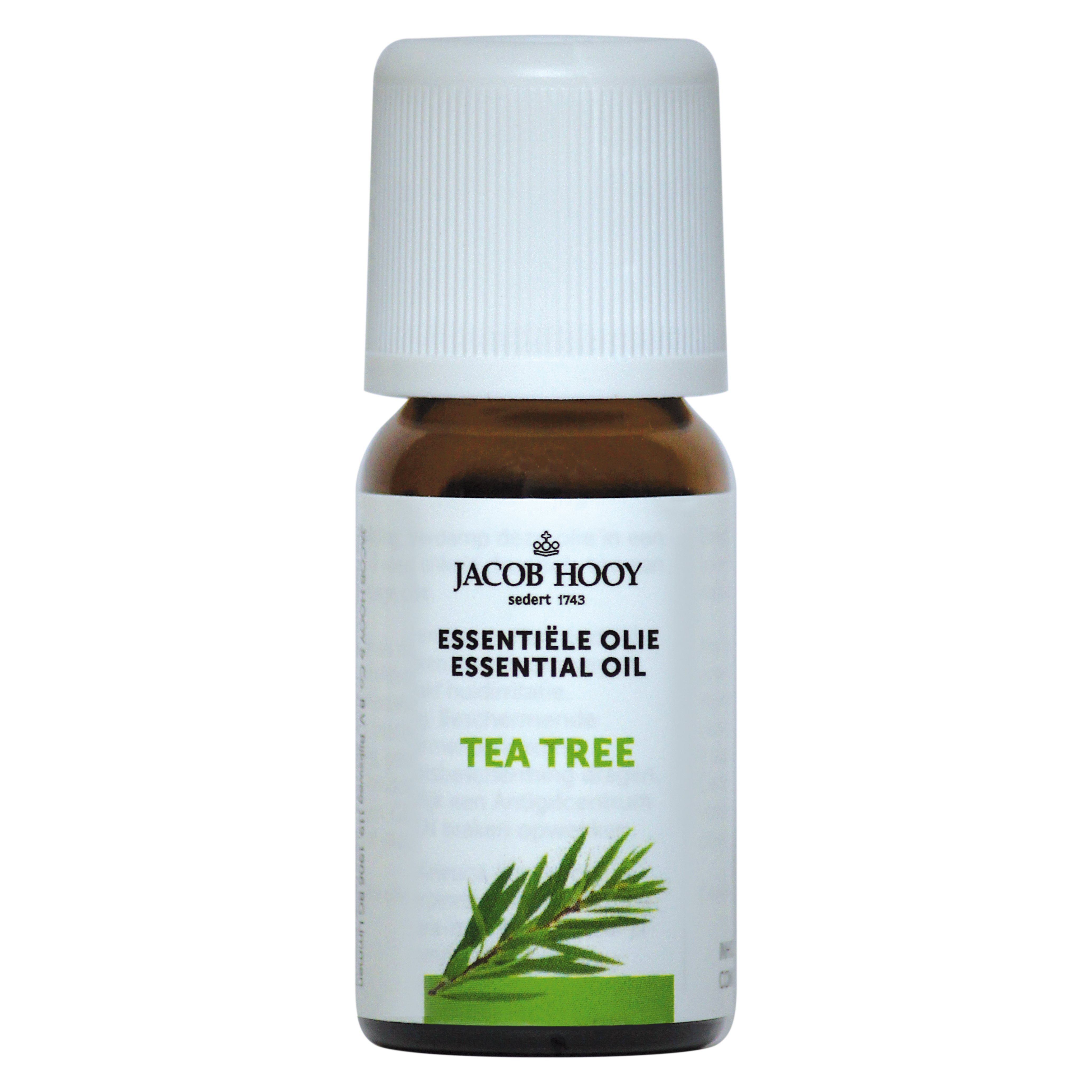 Jacob Hooy tea tree essential oil in 10ml bottle, showing the clear liquid and product packaging.