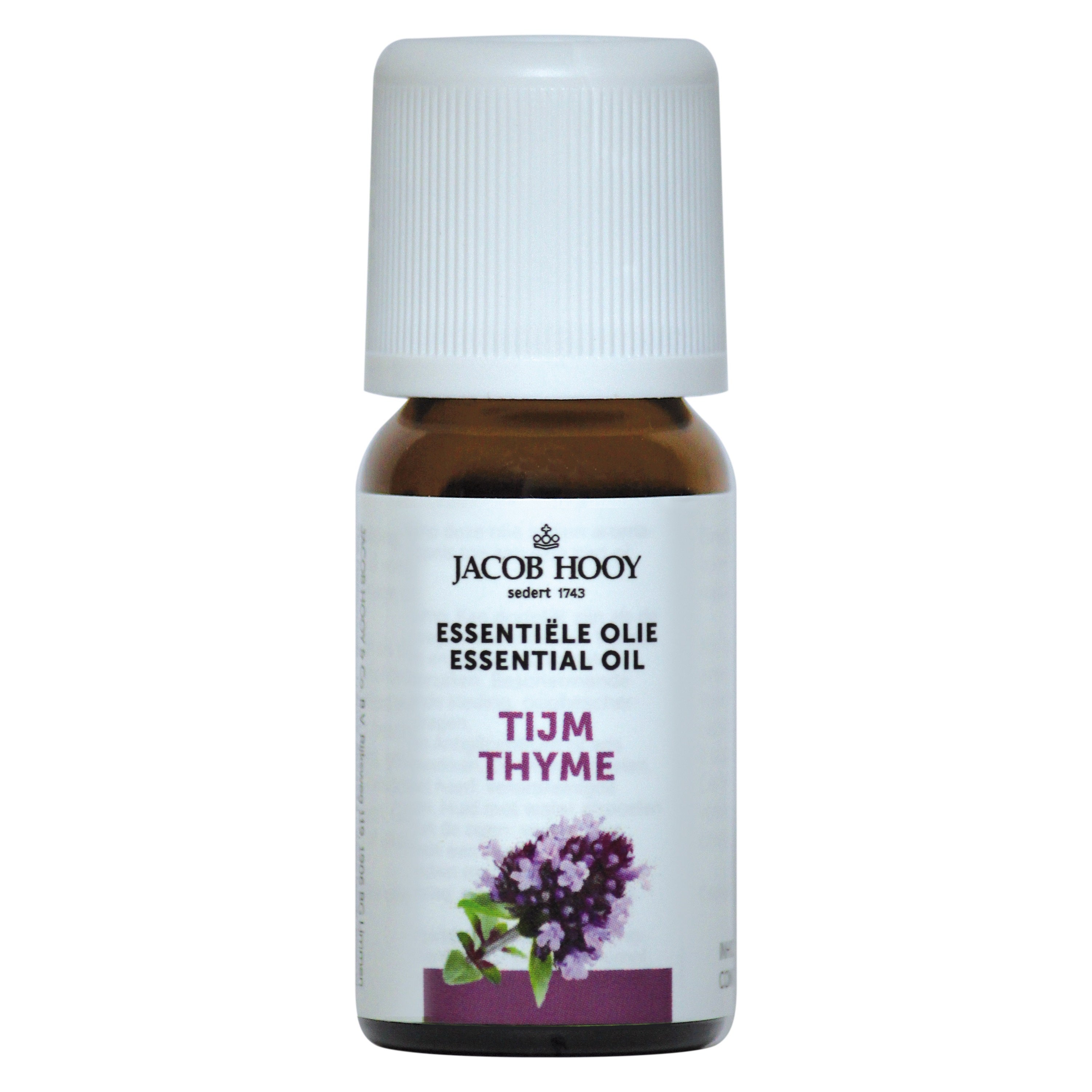 Jacob Hooy thyme essential oil in a 10ml bottle, natural herbal remedy from Jacob Hooy for aromatherapy and wellness.