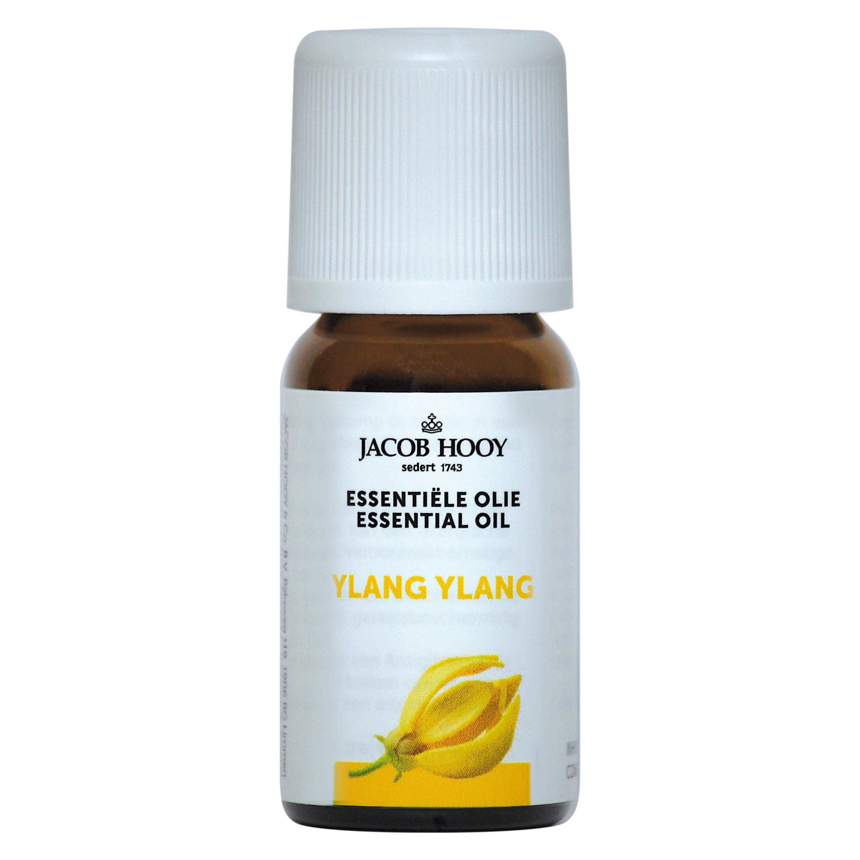 Jacob Hooy Ylang Ylang essential oil in a 10ml bottle, showcasing the amber glass container and product label.