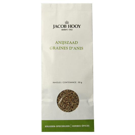 Jacob Hooy Anijszaad in a 50g package, a herbal spice used in cooking and baking, shown in the image.