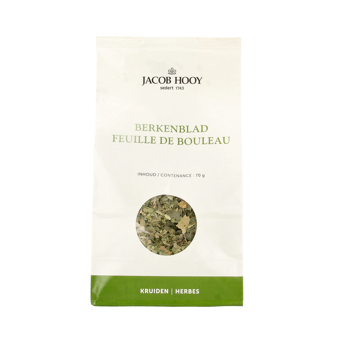 Jacob Hooy Berkenblad herbal mix in a 70g package, used in kruiden, zouten, and maaltijdmixen for natural flavoring.