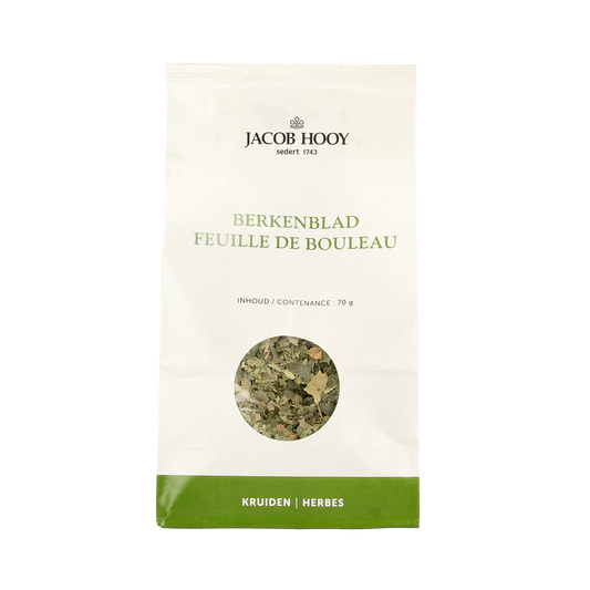 Jacob Hooy Berkenblad herbal mix in a 70g package, used in kruiden, zouten, and maaltijdmixen for natural flavoring.