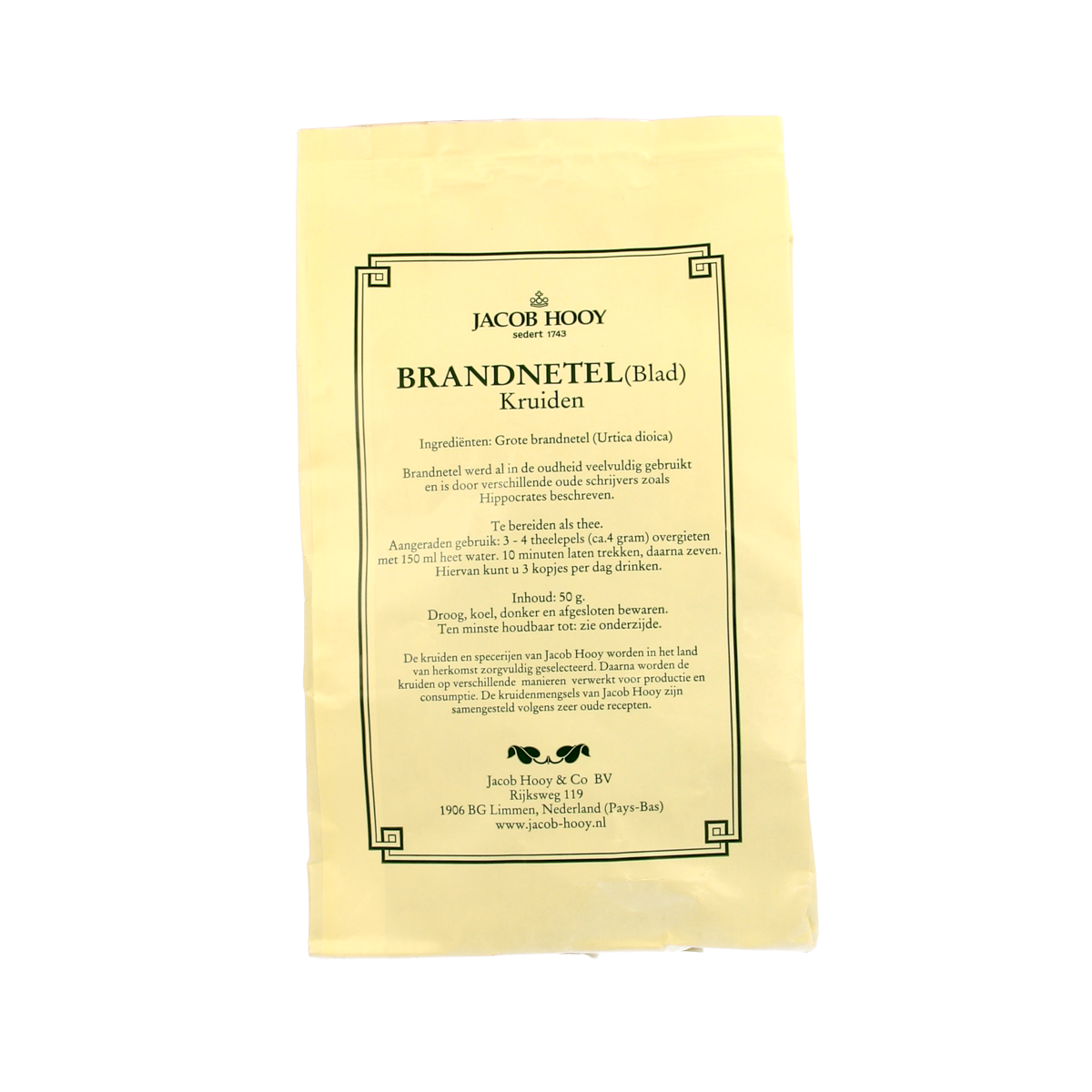 Fresh Jacob Hooy Brandnetelblad kruiden in 50g pack, natural herbal product for culinary and medicinal use.