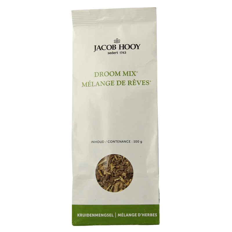 Jacob Hooy Droom mix 100g herbal, salt, and meal blend in a clear jar with a label showing ingredients and branding.