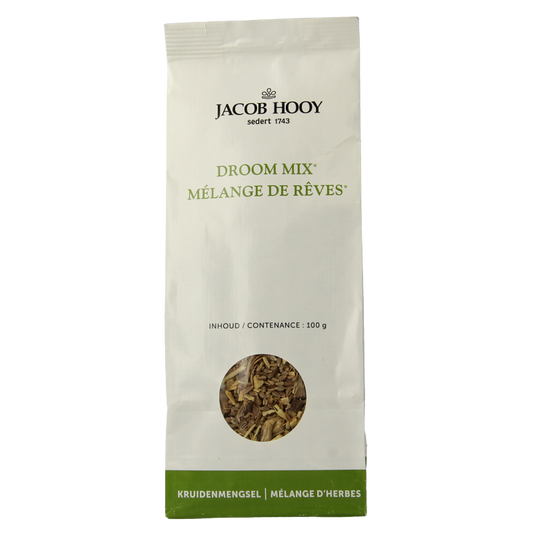 Jacob Hooy Droom mix 100g herbal, salt, and meal blend in a clear jar with a label showing ingredients and branding.
