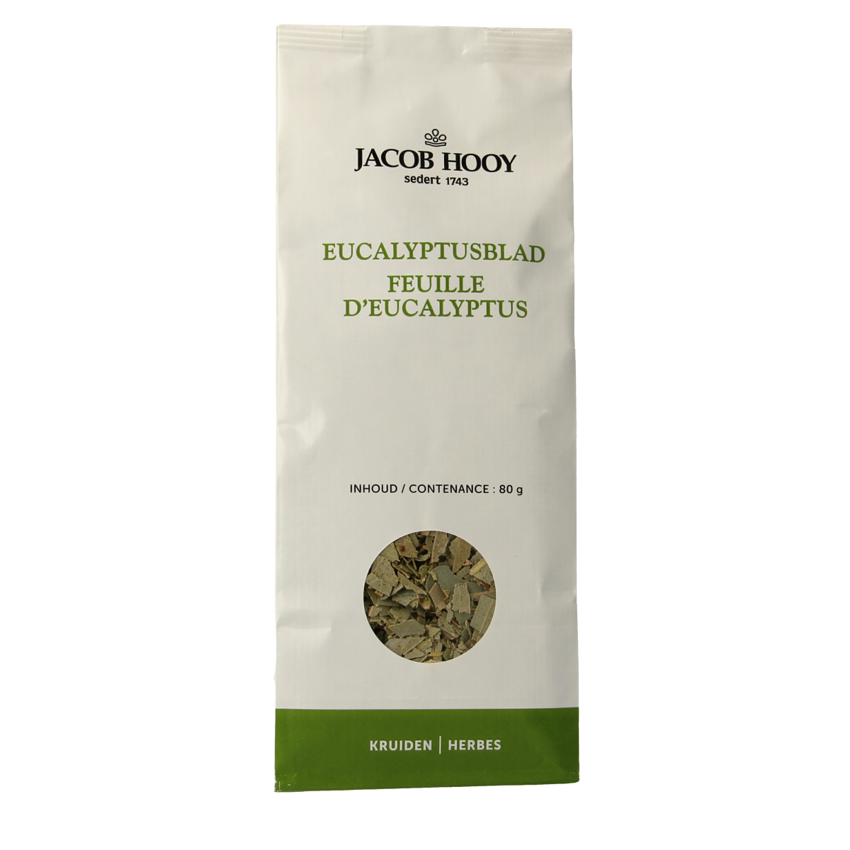 Jacob Hooy eucalyptus leaf herbal product in 80g, part of spices and herbal mixes, with dried eucalyptus leaves on the package.