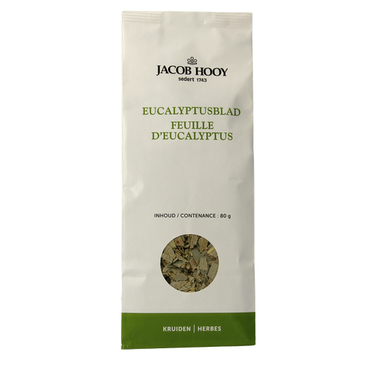 Jacob Hooy eucalyptus leaf herbal product in 80g, part of spices and herbal mixes, with dried eucalyptus leaves on the package.