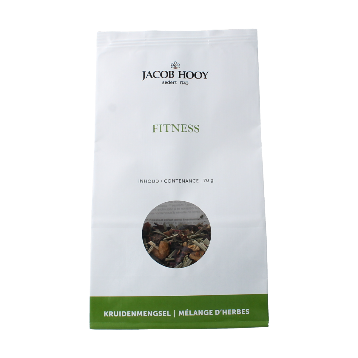 Jacob Hooy Fitness thee in a 70g package, featuring a herbal blend for wellness, from the Jacob Hooy Koffie en Thee collection.
