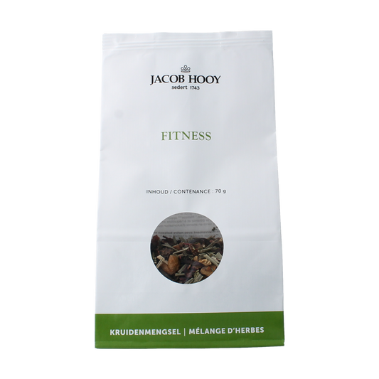 Jacob Hooy Fitness thee in a 70g package, featuring a herbal blend for wellness, from the Jacob Hooy Koffie en Thee collection.