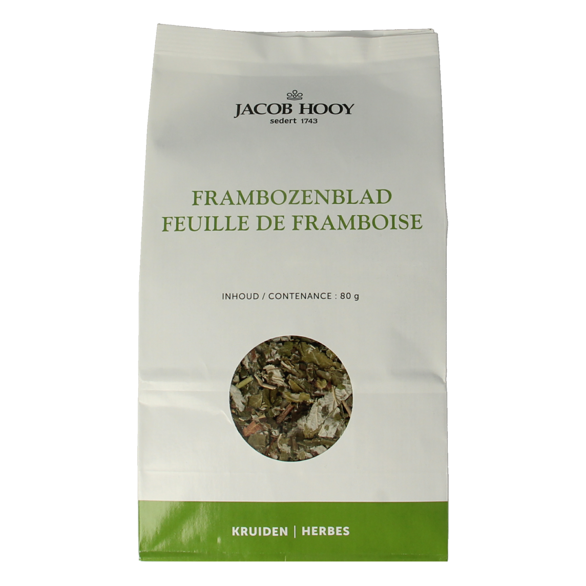 Jacob Hooy Frambozenblad herbal mix in an 80g package, part of kruiden, zouten en maaltijdmixen collection, with fresh raspberry leaf appearance