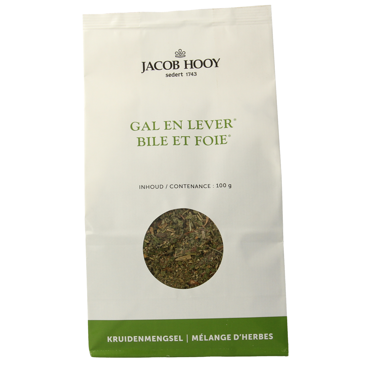 Jar of Jacob Hooy gal en leverkruiden, herbal seasoning mix in a clear glass jar with a metal lid, labeled with product details.
