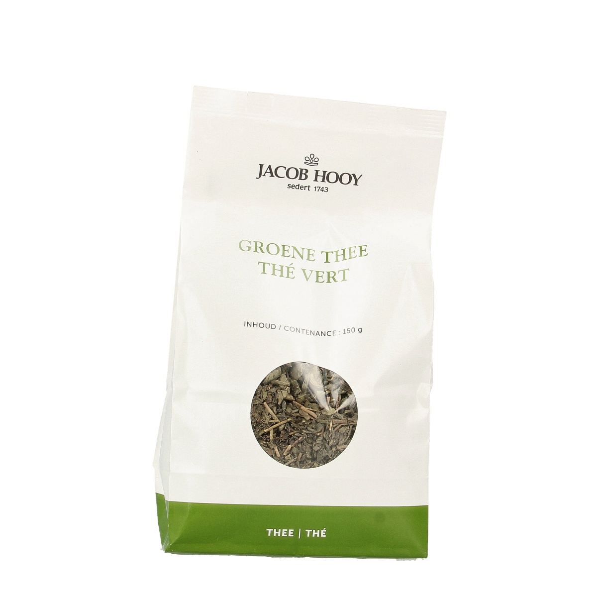 Jar of Jacob Hooy green tea with 150g label, featuring fresh green tea leaves and packaging on a neutral background.
