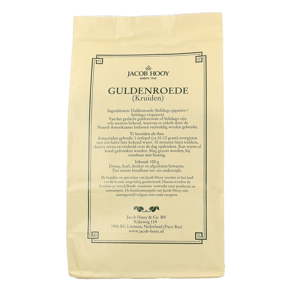 Jacob Hooy Guldenroede herbal salt and spice mix, 100 grams, in a clear jar with a colorful label, showcasing herbs and spices inside.