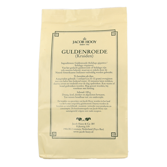 Jacob Hooy Guldenroede herbal salt and spice mix, 100 grams, in a clear jar with a colorful label, showcasing herbs and spices inside.