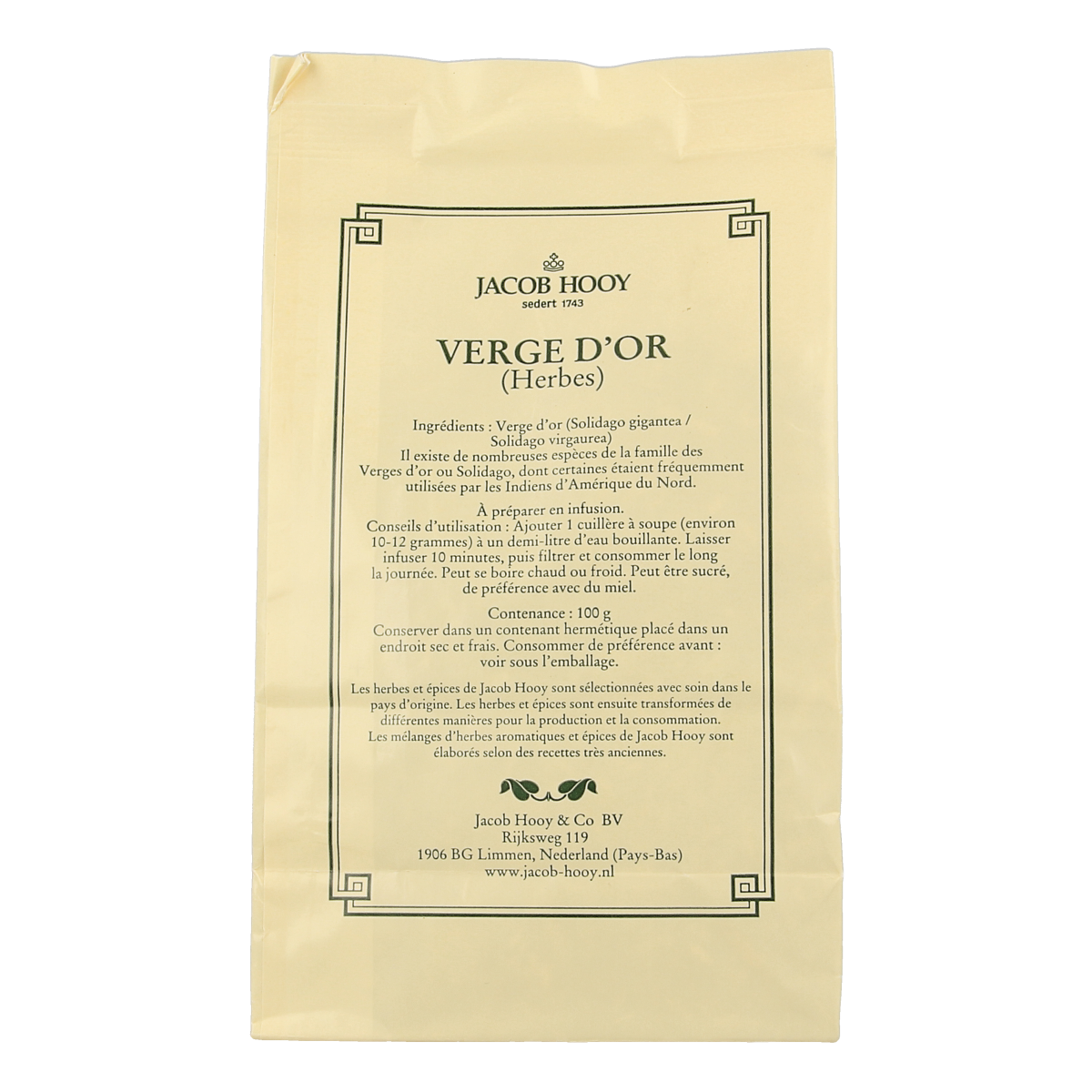 Jacob Hooy Guldenroede herbal salt mix in a 100g package, showcasing dried herbs and spices for cooking.