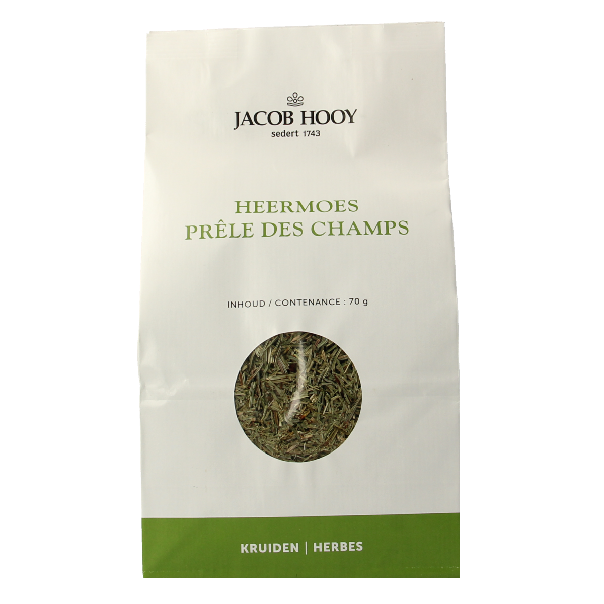 Jar of Jacob Hooy Heermoes herbal spice mix in a clear glass container, labeled with product details, on a white background.