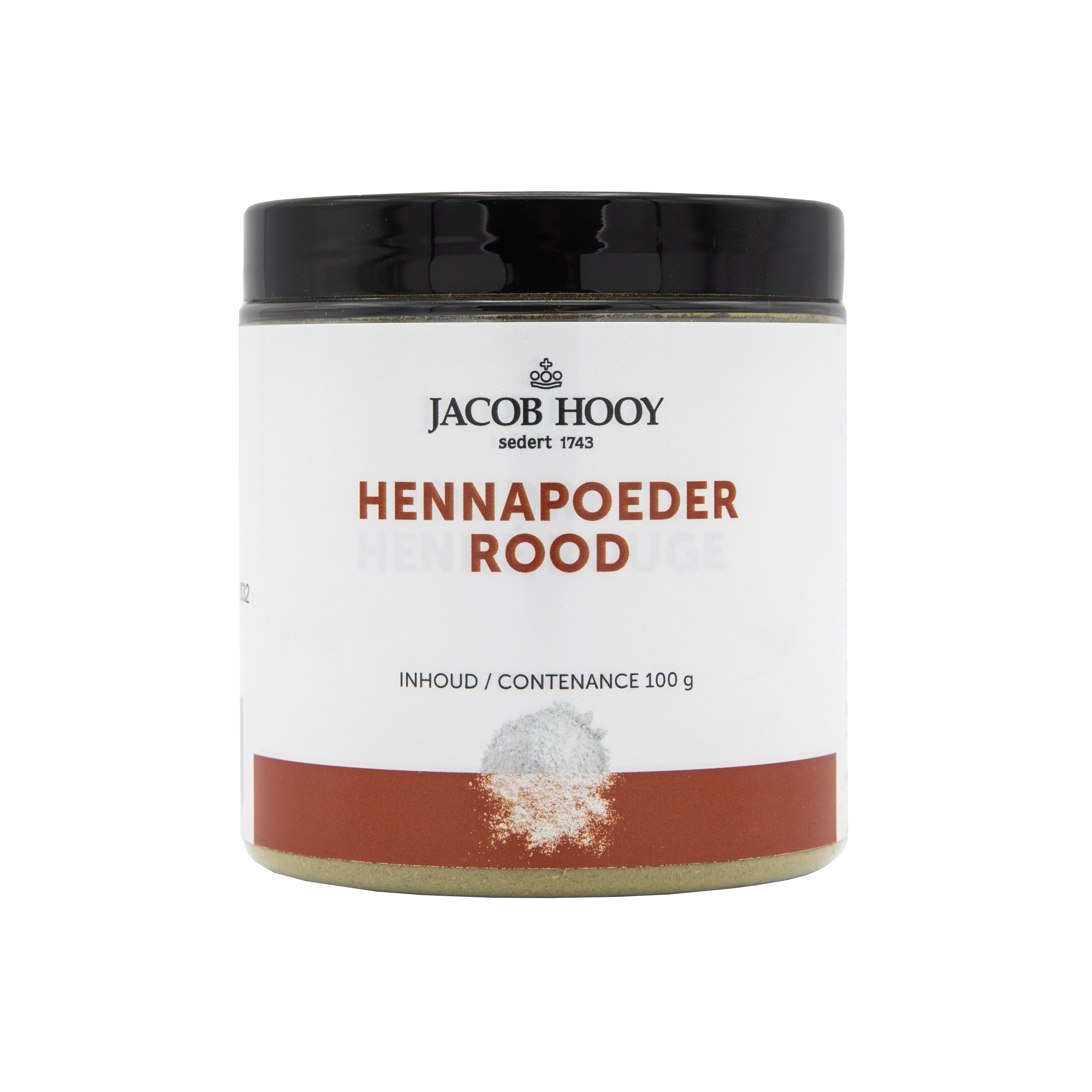 Jacob Hooy Hennapoeder red hair coloring powder in a 100g pot, natural henna hair dye for vibrant red hair.