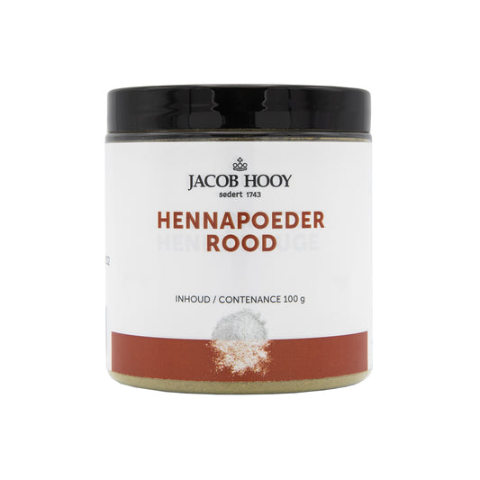 Jacob Hooy Hennapoeder red hair coloring powder in a 100g pot, natural henna hair dye for vibrant red hair.