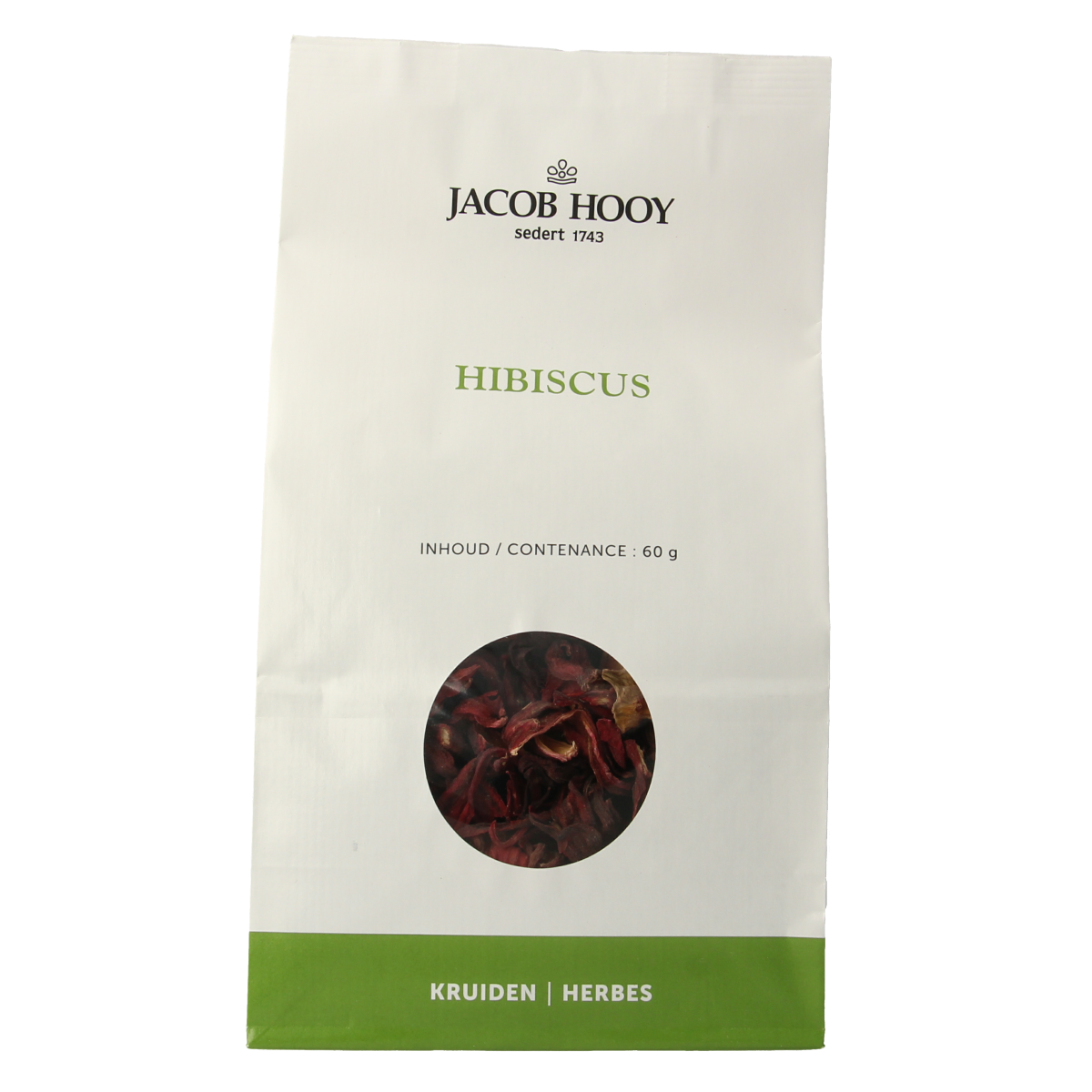 Jar of Jacob Hooy Hibiscus herbal mix, 60 grams, with dried hibiscus flowers for tea or culinary use.