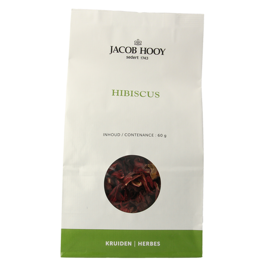 Jar of Jacob Hooy Hibiscus herbal mix, 60 grams, with dried hibiscus flowers for tea or culinary use.