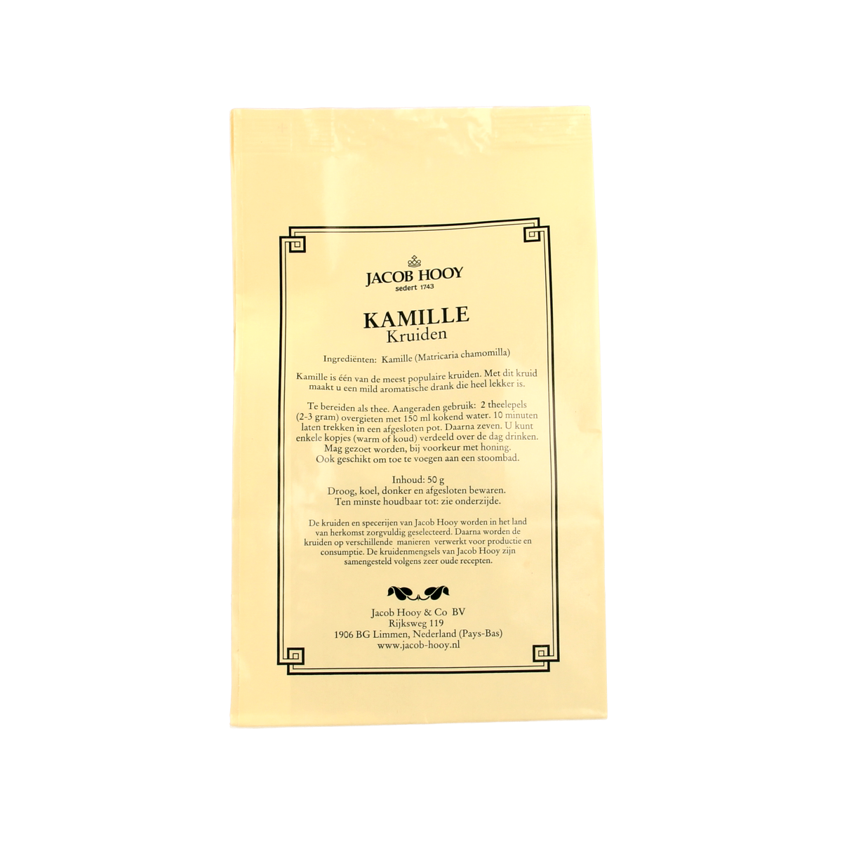 Jar of Jacob Hooy Kamille herbal spice, 50g, with fresh chamomile flowers and dried herbs in a clear container.