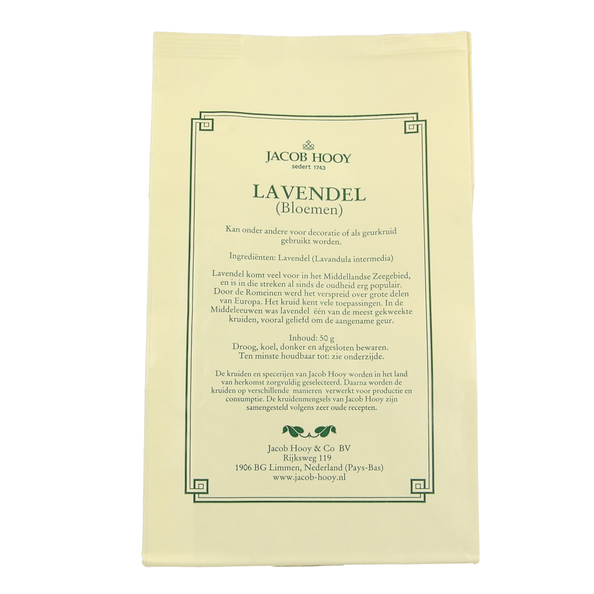 Jacob Hooy lavender dried flowers for home fragrance, 50g, natural purple lavender blooms for aromatic decor and scenting spaces.