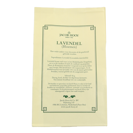 Jacob Hooy lavender dried flowers for home fragrance, 50g, natural purple lavender blooms for aromatic decor and scenting spaces.
