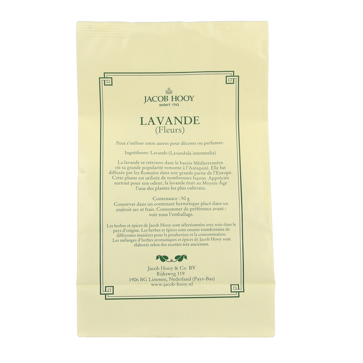 Jacob Hooy Lavendel huisparfum bloemen in een 50 gram verpakking, fresh and fragrant lavender flowers for home scent.