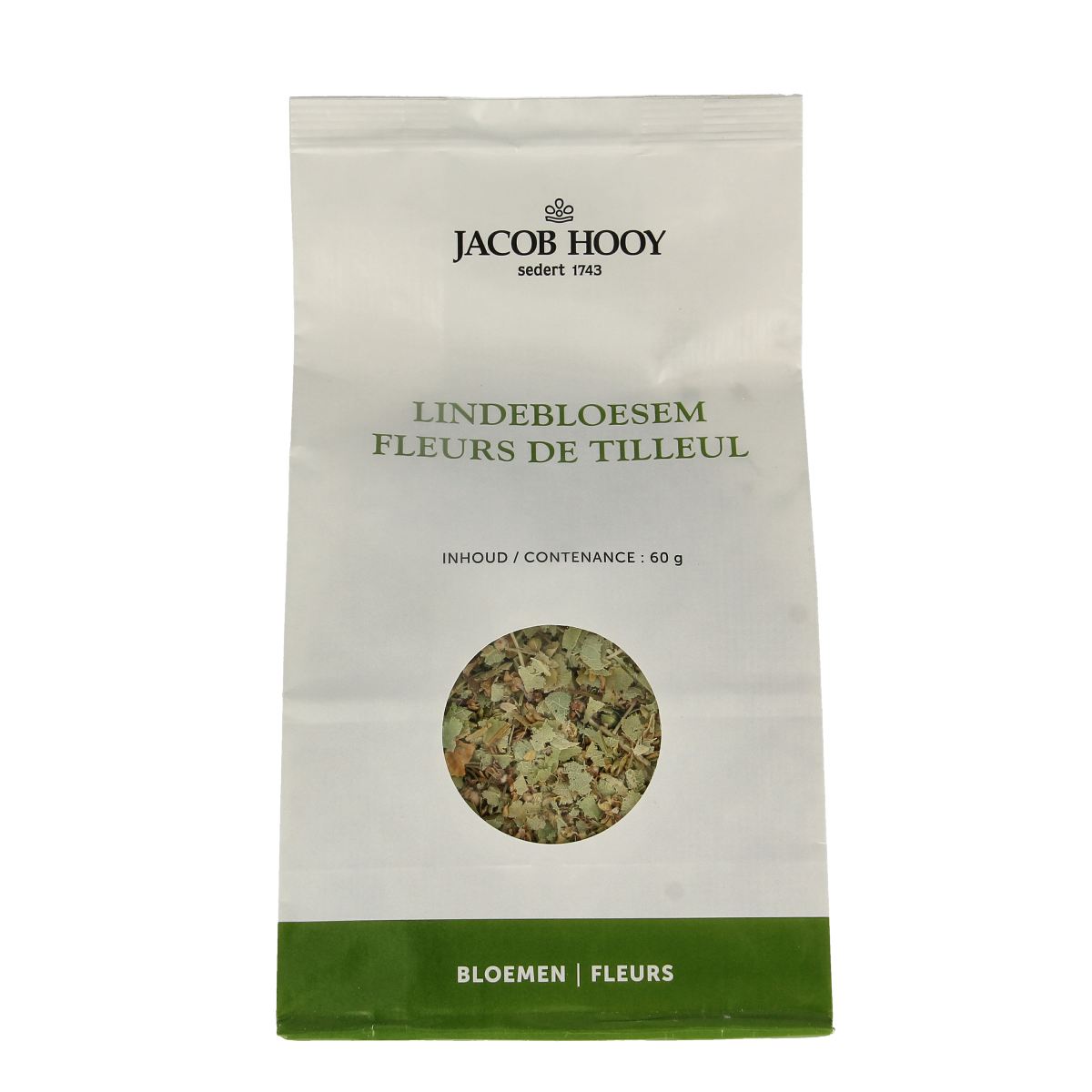 Jacob Hooy Lindebloesem gesneden, 60g, dried linden blossom for tea, shown in a clear container with delicate white flowers.