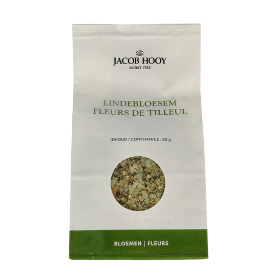 Jacob Hooy Lindebloesem gesneden, 60g, dried linden blossom for tea, shown in a clear container with delicate white flowers.
