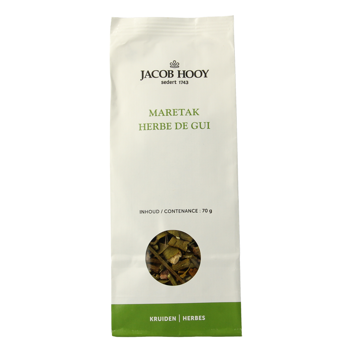 Jacob Hooy Maretak herbal mix in a 70g package, part of kruiden, zouten en maaltijdmixen collection, with fresh herbs and spices.