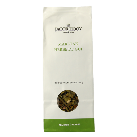 Jacob Hooy Maretak herbal mix in a 70g package, part of kruiden, zouten en maaltijdmixen collection, with fresh herbs and spices.