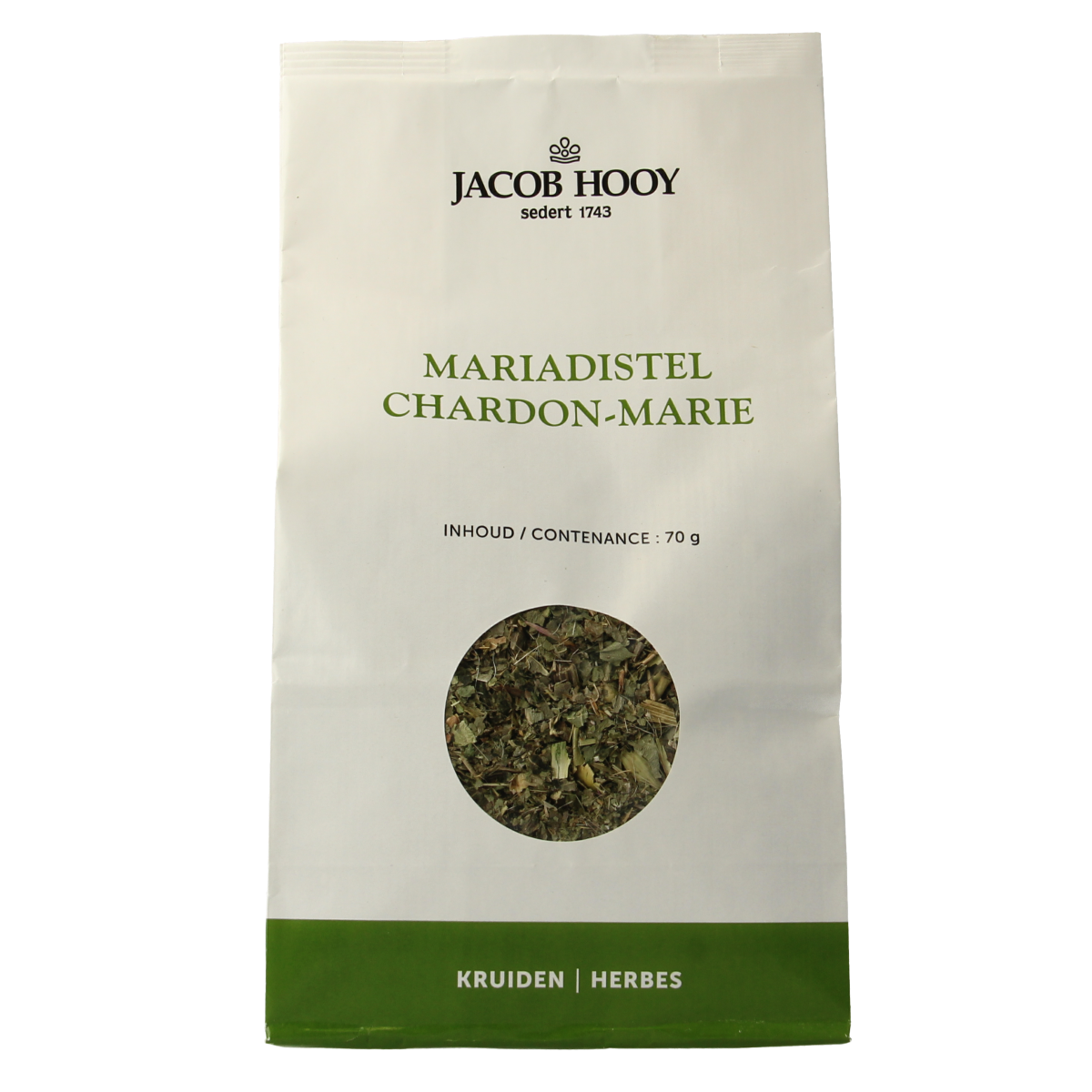 Jacob Hooy Mariadistel kruiden supplement in 70g package, featuring dried milk thistle herbs for herbal health support.