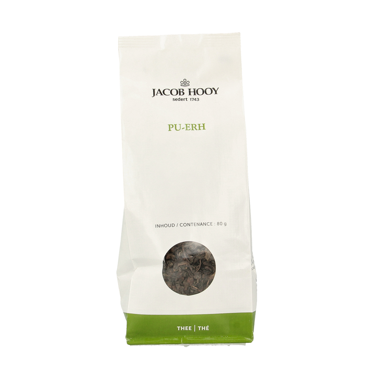 Jacob Hooy Pu erh tea in 80g package, showing dried tea leaves and packaging label, part of Jacob Hooy's tea collection.