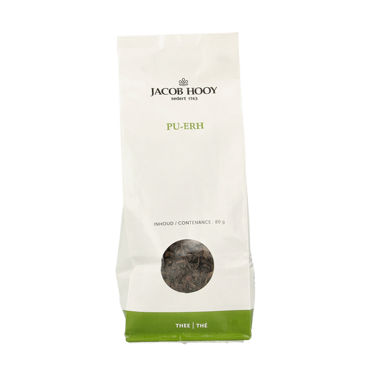 Jacob Hooy Pu erh tea in 80g package, showing dried tea leaves and packaging label, part of Jacob Hooy's tea collection.