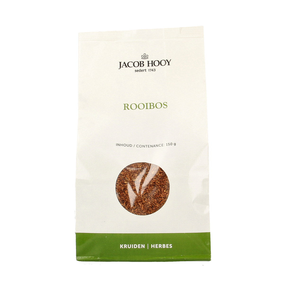 Jar of Jacob Hooy Rooibos tea in 150g package, featuring the tea leaves and packaging label.