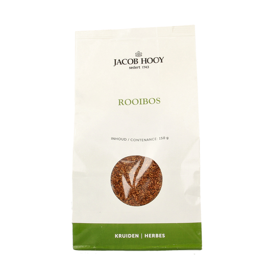Jar of Jacob Hooy Rooibos tea in 150g package, featuring the tea leaves and packaging label.