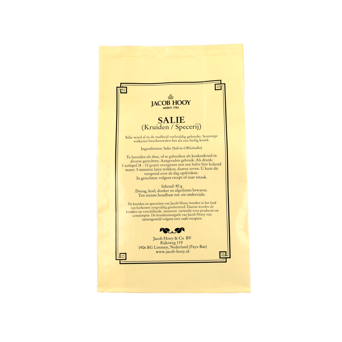 Sliced sage in an 80g package by Jacob Hooy, part of herbs, salts, and meal mixes selection, shown in the image.