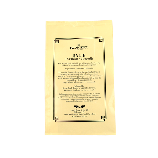 Sliced sage in an 80g package by Jacob Hooy, part of herbs, salts, and meal mixes selection, shown in the image.