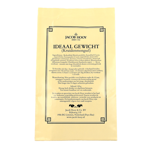 Jacob Hooy Ideal weight herbal blend container, 100g, part of kruiden, zouten en maaltijdmixen product line, with label and product details visible.