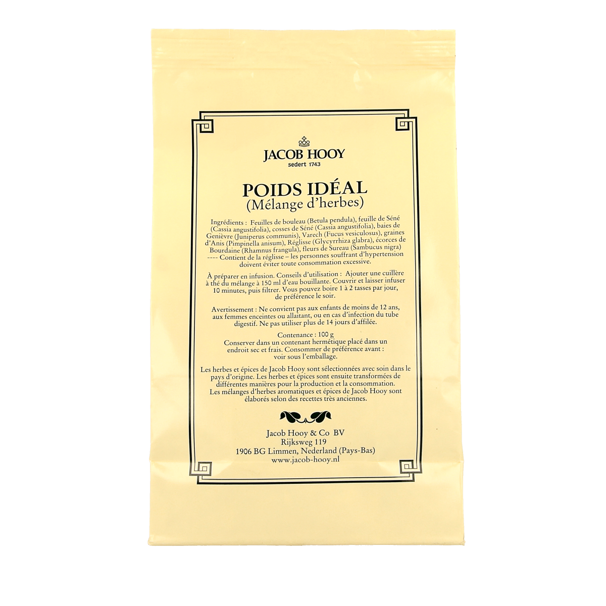 Jacob Hooy Ideaal weight 100g herbal, salt, and meal mix with natural herbs and spices in a clear container.