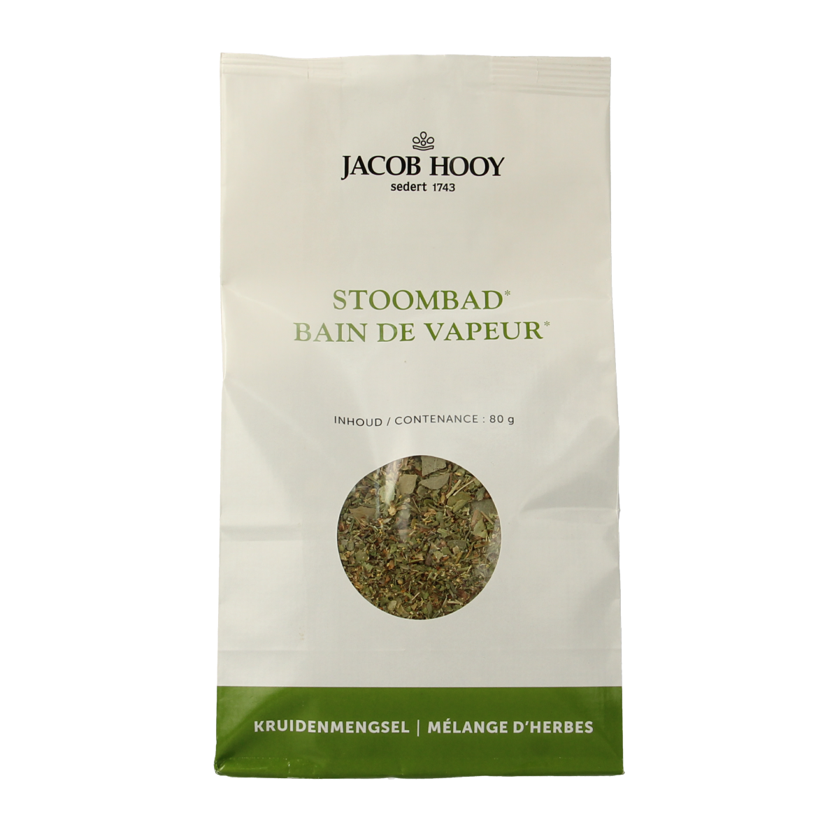 Jacob Hooy Stoombadkruiden in 80g package, herbal bath salts with natural botanical ingredients for relaxation.