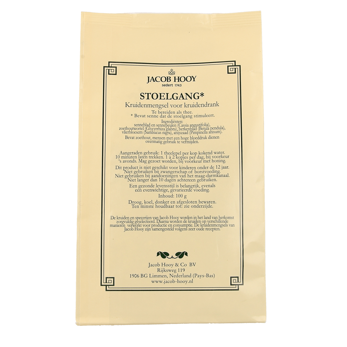 Jacob Hooy Stoelgangkruiden, 100g, herbal salt blend for digestion, shown in a clear package with fresh herbs and spices.