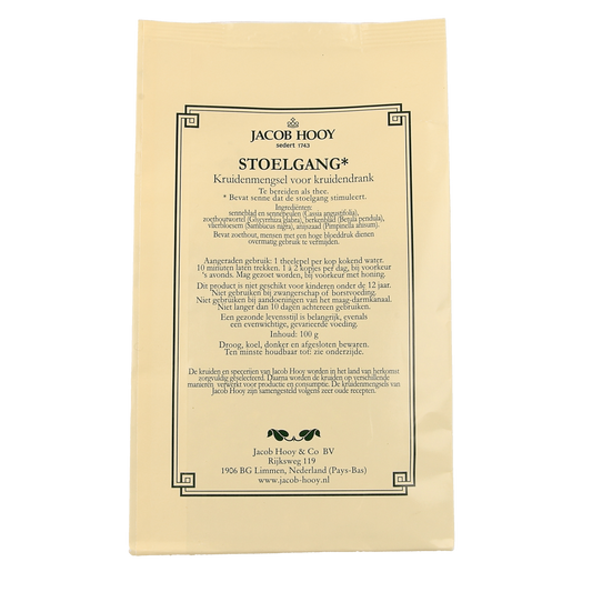 Jacob Hooy Stoelgangkruiden, 100g, herbal salt blend for digestion, shown in a clear package with fresh herbs and spices.